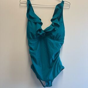 Ruffled V-Neck One-Piece Swimsuit in Teal